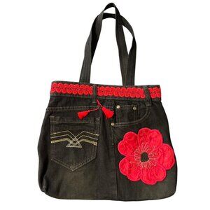 Bhoho Handmade Denim Tote Bag  Red Embroidered Flower & Crochet Trim